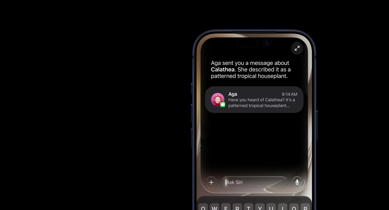 ディープブルーのiPhone 17 Proの画面。メッセージアプリの会話の中で言及されている観葉植物に関するSiri AIへの質問が表示されている