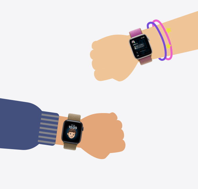 Apple Watchの子ども向け設定を示すイラスト。Apple Watch SE 3を装着した子どもたちの手首が描かれている