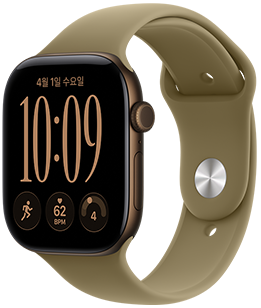 다크 브론즈 색상 알루미늄 케이스의 Apple Watch Series 12. 오른쪽 옆면 외관에 Digital Crown 다이얼, 마이크, 측면 버튼이 보이며, 핀앤턱 잠금장치(실버 핀)가 달린 올리브 색상(흙빛 녹색) 스포츠 밴드와  연결되어 있습니다