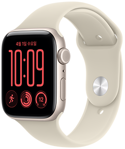 스타라이트 색상 알루미늄 케이스의 Apple Watch SE 3. 오른쪽 옆면 외관에 Digital Crown 다이얼, 마이크, 측면 버튼이 보이는 모습. 핀앤턱 잠금장치(실버 핀)가 달린 샌드 색상(연한 탠 계열) 스포츠 밴드와  연결되어 있습니다.