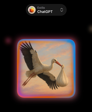 Pantalla de Genmoji con la imagen fotorrealista de una cigüeña que lleva una bolsa en el pico, en la que se muestran opciones de estilos de imágenes personalizados de ChatGPT