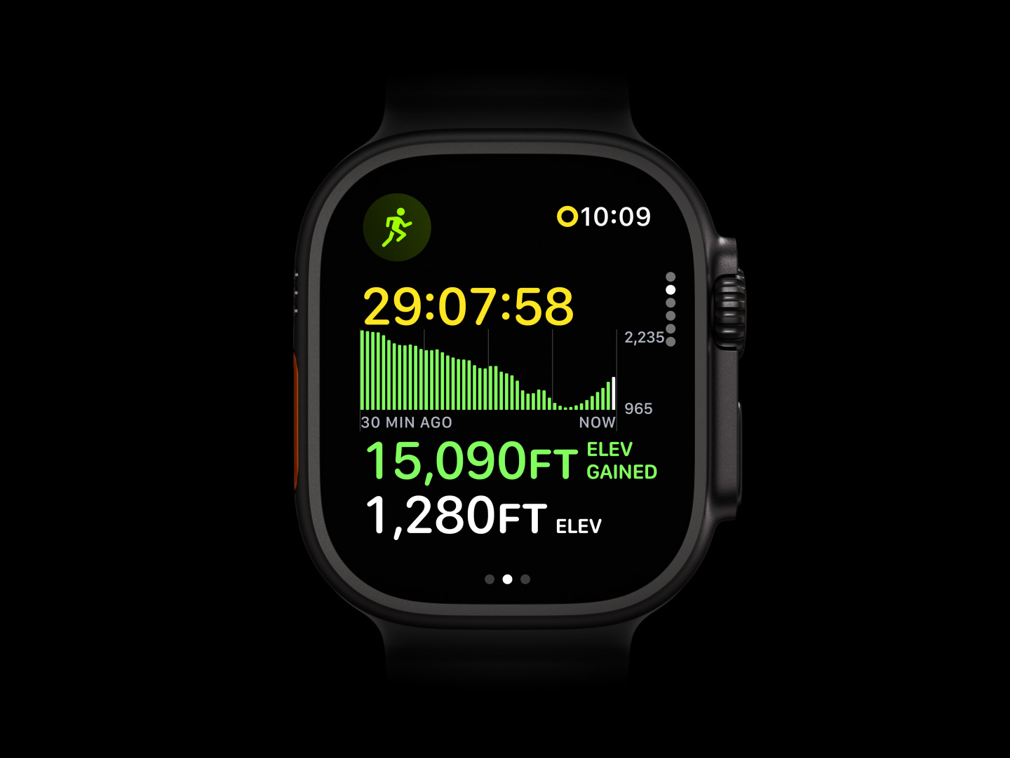 Apple Watch Ultra 4, titanium case, black color, back of watch with Health Sensing System with glowing green LED lights