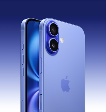 Ultramarino spalvos „iPhone 16“, dalinis ekrano vaizdas ir vaizdas kampu iš šono – veiksmo, garsumo ir šoninis mygtukai. Galinė dalis, rodanti pažangiąją dviejų kamerų sistemą viršutiniame kairiajame kampe.