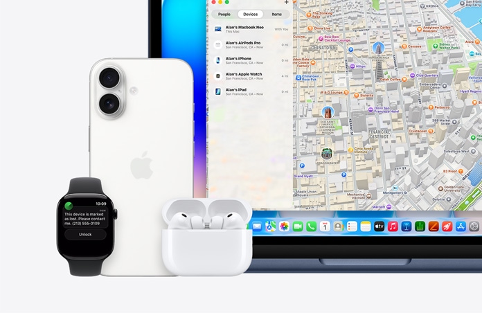 „Apple Watch“, ekrane matomas tekstas „Šis įrenginys pažymėtas kaip pamestas, susisiekite su manimi“ ir telefono numeris, šalia „iPhone“, „AirPods Pro“ ir indigo spalvos „MacBook Neo“, ekrane rodoma funkcija „Lokatorius“ su žemėlapiu ir įrenginių sąrašu bei jų buvimo vietomis