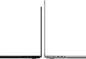  Vienas šalia kito pateikti 14 ir 16 colių „MacBook Pro“, parodantys dydžio skirtumą ir pabrėžiantys siaurą profilį