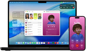 „MacBook Pro“ ir „iPhone 16 Plus“, atidaryta programa „Telefonas“, abiejuose ekranuose rodomas tas pats kontaktas