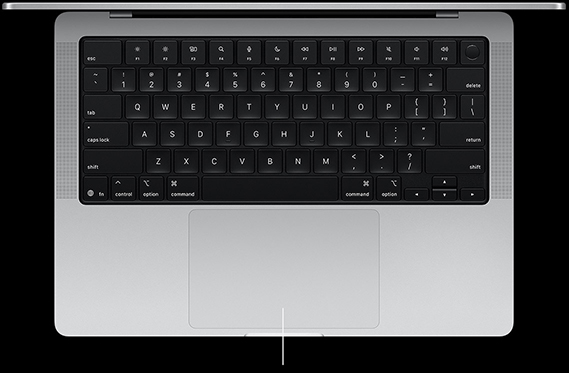 Atverto 14 colių „MacBook Pro“ su „Force Touch“ manipuliatoriumi po klaviatūra vaizdas iš viršaus