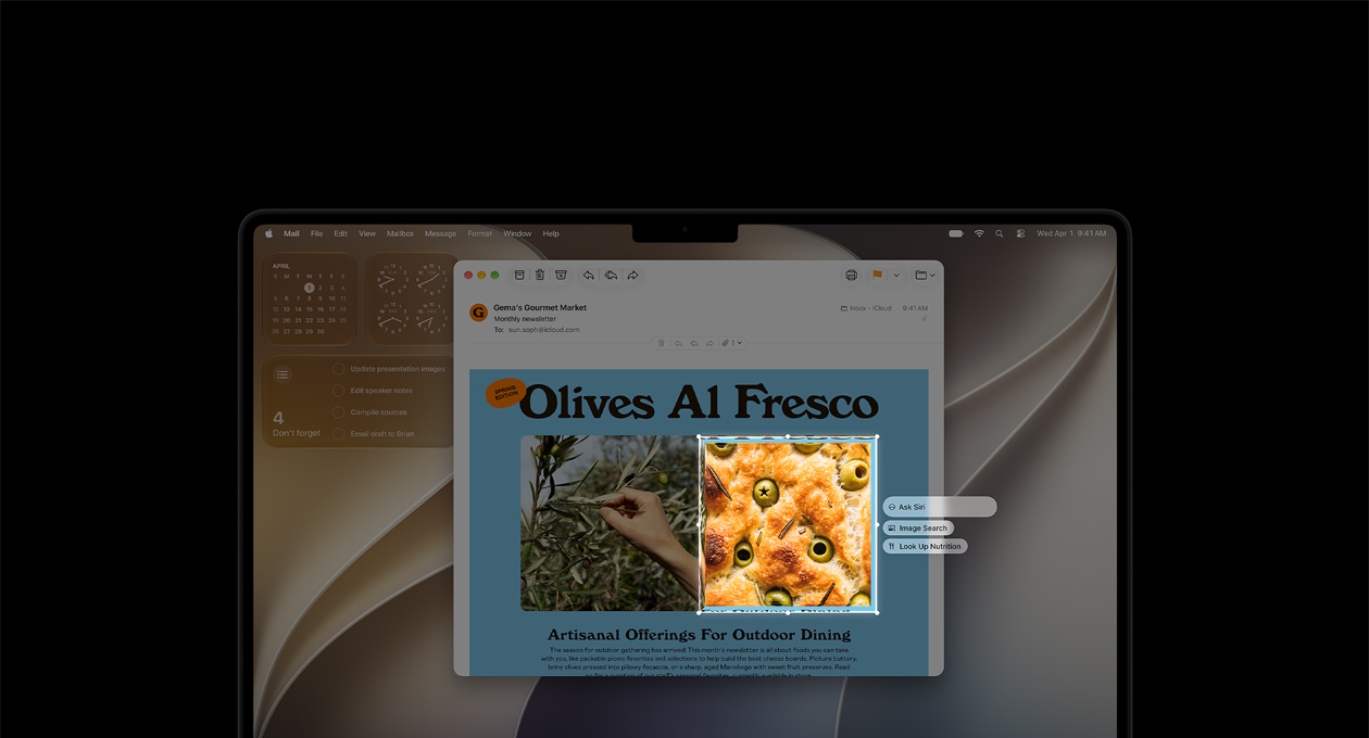 MacBook Pro 14-inch, Space Black, screen displays a Visual Intelligence demo, showing an email with images of food and herbs, a box outlines an image of olives in bread and three prompts hover over the image, including Ask Siri, Image Search, and Look Up Nutrition
