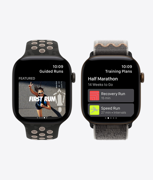 Apple Watch Series 12 devices, screens show Nike Run Club app, Guided Runs, Training Plans features, aluminum cases, black color, connected to Nike Sport Band, after dark black color, Nike Sport Loop, after dark black color