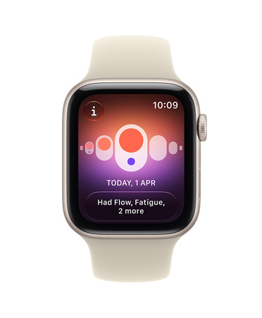 Apple Watch SE 3, aluminum case, starlight color, screen shows health tracking (cycle tracking), right side exterior, Digital Crown dial, Sport Band, sand color (pale tan)