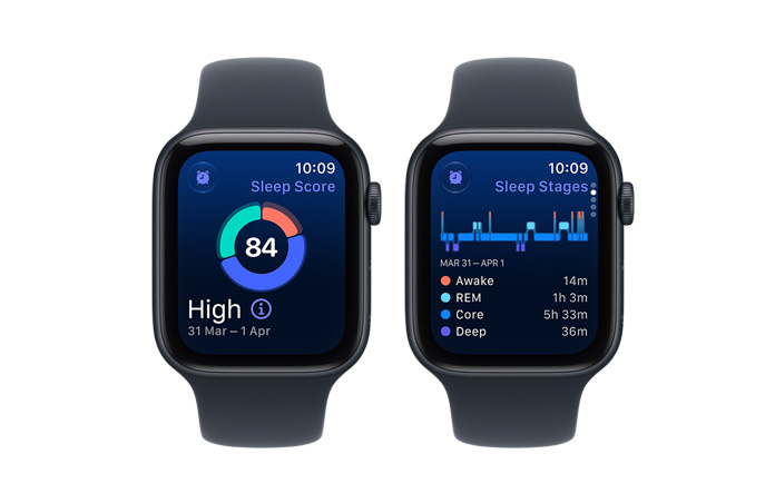 Apple Watch SE 3 devices, aluminum cases, midnight color, screens show sleep score, sleep stages, right side exterior, Digital Crown dials, Sport Bands, navy blue color