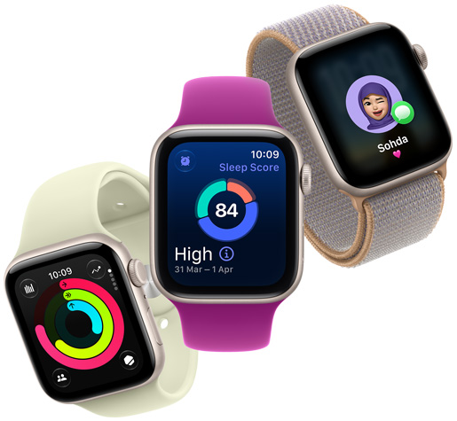 Apple Watch SE 3 devices, aluminum cases, starlight color, screens: Activity rings, sleep score, incoming call with memoji, background of icons for health, fitness, music, mapping and communication features and apps