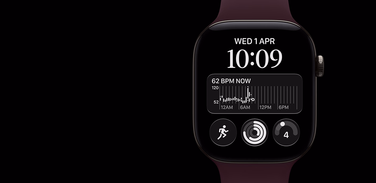 Apple Watch Series 12, aluminum case, black color, Heart Rate app with BPM in a red heart and a graph below, right side exterior, Digital Crown, Sport Band, burgundy color