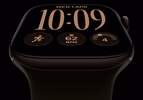 Apple Watch Series 12, aluminum case, dark bronze color, Modular watch face, complications: day and date, Workouts, Activity rings, Apple Music, right side exterior, Digital Crown, Sport Band, olive color