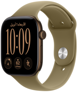 ساعة Apple Watch Series 12، إطار ألومنيوم، لون برونزي داكن، واجهة الساعة الرقمية، الإضافات: اليوم والتاريخ، التمارين، معدل نبض القلب، الجاهزية، حزام رياضي، لون زيتي