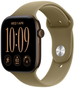 Apple Watch Series 12, aluminum case, dark bronze color, digital clock face, complications: day and date, Workouts, heart rate, readiness, Sport Band, olive color