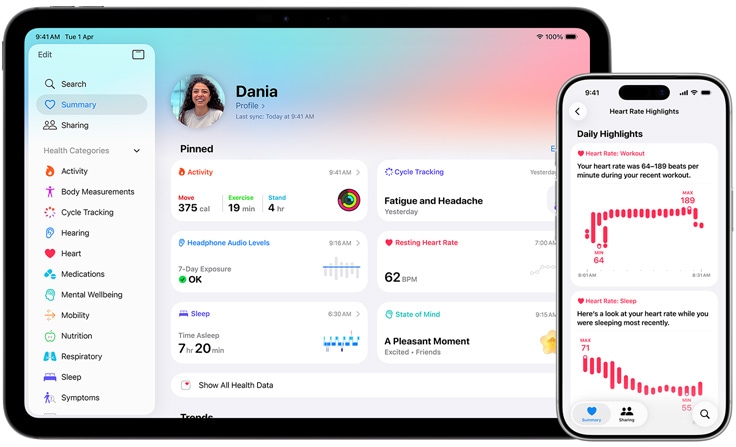 Health app with summary of health information including activity, cycle tracking, headphone audio levels, resting heart rate, sleep, state of mind