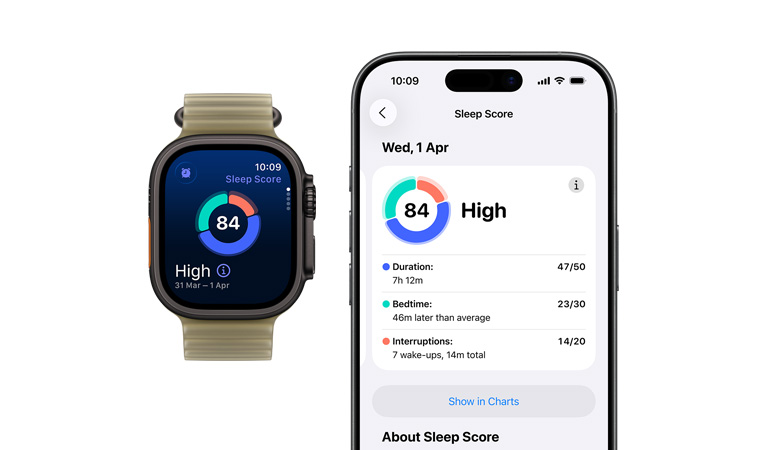 Apple Watch Ultra 4, titanium case, black color, sleep score circle graph and rating, Ocean Band, translucent kelp color (pale brownish green), full sleep analysis open on paired iPhone