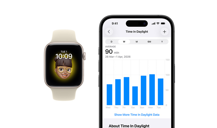 Apple Watch SE 3, aluminum case, starlight color, Memoji watch face, iPhone, health sharing tab with time in Daylight hours