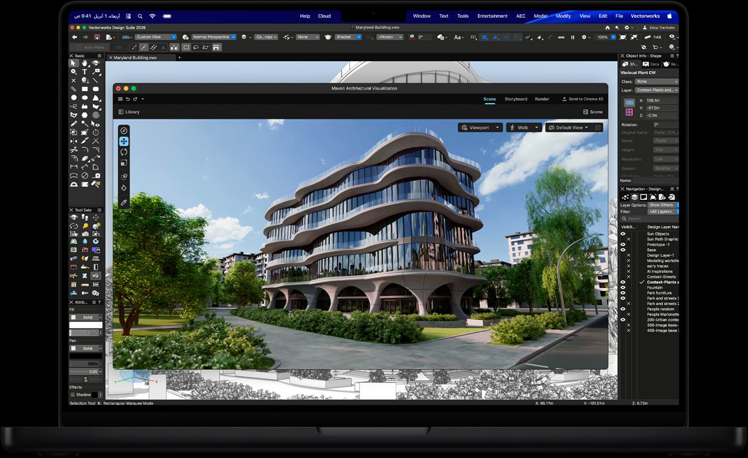 شاشة MacBook Pro تعرض Vectorworks Design Suite مع Maxon Redshift