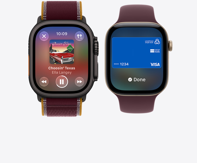 Apple Watch Ultra 4, titanium case, black color, Apple Music app, now playing screen, Trail Loop band, burgundy color; Apple Watch Series 12, aluminum case, light gold color, Apple Wallet screen, Sport Loop band, burgundy color