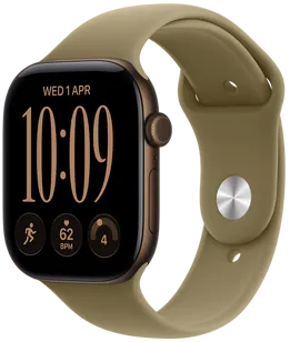 Apple Watch Series 12，深古銅色鋁金屬錶殼，配搭橄欖色運動錶帶，螢幕顯示組合錶面上的複雜功能，包括日期、體能訓練、心率、身體狀態，機身右側有數碼錶冠、側邊按鈕