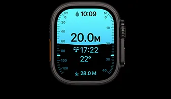 Apple Watch Ultra 4，黑色鈦金屬錶殼，螢幕顯示水深 app 展示潛水指標，機身右側有數碼錶冠和凸起的側邊按鈕