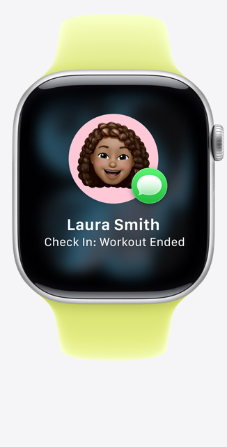 Apple Watch Series 11，銀色鋁金屬錶殼，螢幕顯示「報平安」提示，以及朋友已完成健身的通知