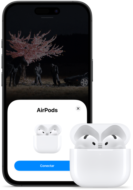 Un Estuche de Carga abierto con los AirPods 5 en su interior junto a un iPhone que muestra que los audífonos se han conectado.
