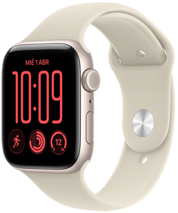 Apple Watch SE 3, caja de aluminio, blanco estelar, carátula Modular, complicaciones: día y fecha, Entrenamientos, círculos de Actividad, temperatura, parte lateral derecha, Digital Crown, botón lateral, correa deportiva, color arena
