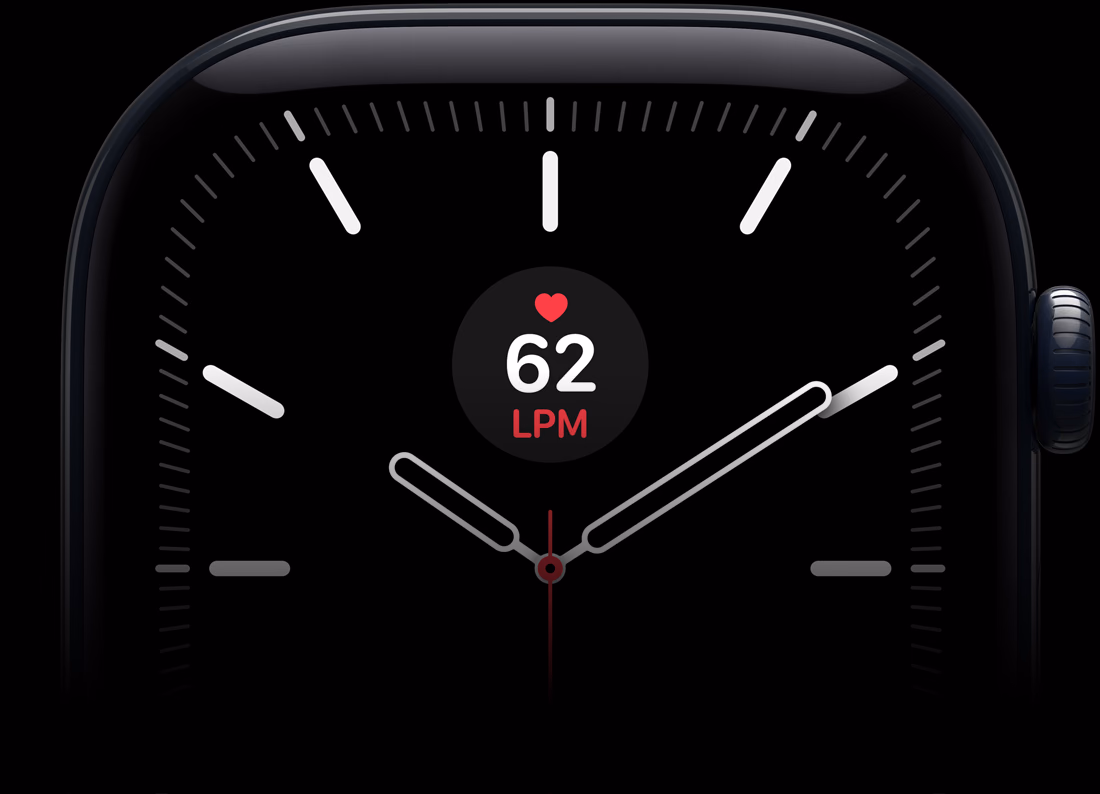Apple Watch Series 12, caja de aluminio, color negro, carátula Meridiano con complicación de frecuencia cardiaca, parte lateral derecha, Digital Crown