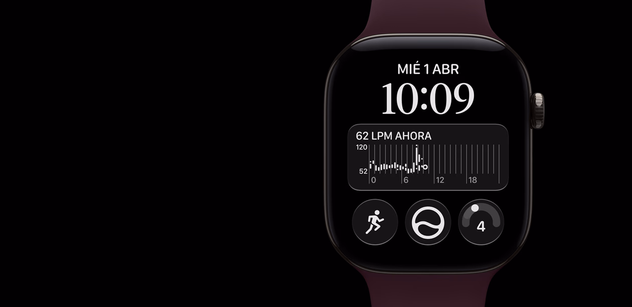 Apple Watch Series 12, caja de aluminio, color negro, app Frecuencia Cardiaca con los latidos por minuto en un corazón rojo y una gráfica debajo, parte lateral derecha, Digital Crown, correa deportiva, color borgoña