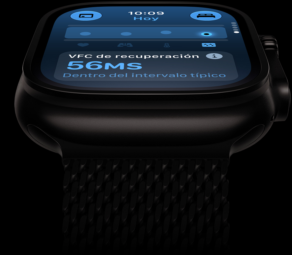 Apple Watch Ultra 4, caja de titanio, color negro, VFC dentro del intervalo típico, correa estilo milanés de titanio, color negro