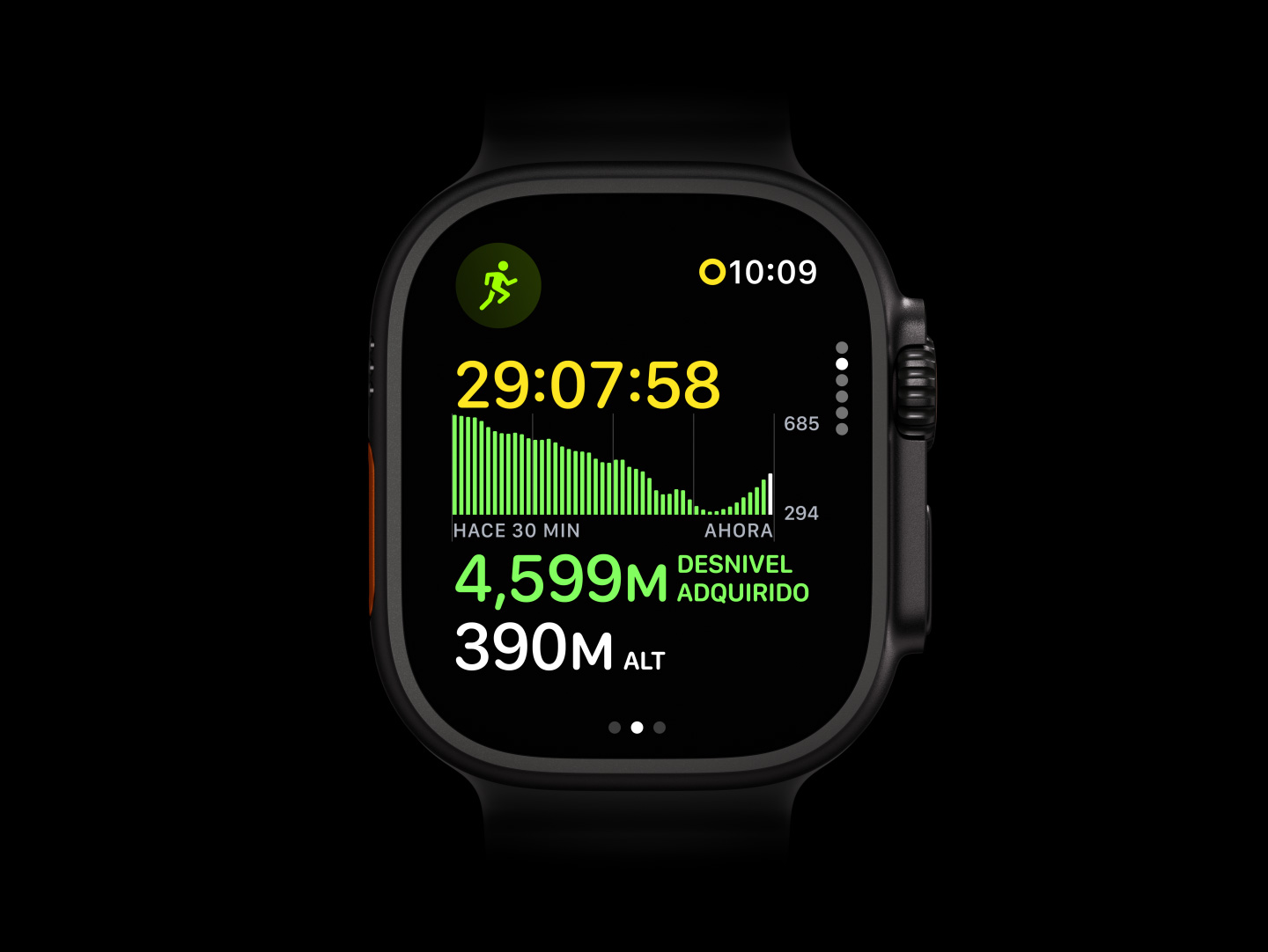 Apple Watch Ultra 4, caja de titanio, color negro, parte posterior con el sistema de registro de datos de salud con luces LED verdes y brillantes
