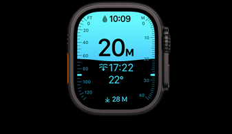 Apple Watch Ultra 4, caja de titanio, color negro, app Profundidad con métricas de buceo, parte lateral derecha, Digital Crown, botón lateral en relieve