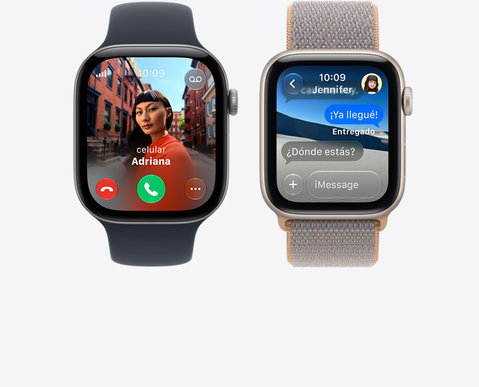 Dispositivos Apple Watch Series 12, pantallas: llamada entrante, foto de contacto, botones para aceptar o rechazar la llamada, conversación de iMessage, correas: deportiva, color negro, loop deportiva, color azul cambray (gris azulado claro)