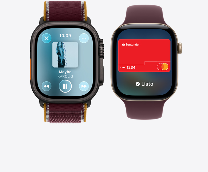 Apple Watch Ultra 4, caja de titanio, color negro, app Apple Music, pantalla Ahora Suena, correa Trail, color borgoña; Apple Watch Series 12, caja de aluminio, color oro claro, pantalla Apple Pay, correa loop deportiva, color borgoña
