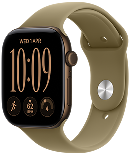 Apple Watch Series 12, aluminium case, dark bronze colour, right side exterior, Digital Crown dial, microphone, side button, connected to Sport Band, olive colour (earthy green), pin-and-tuck closure (silver pin)