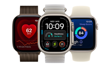 Three Apple Watch devices: Apple Watch Series 12, aluminum case, dark bronze color, Heart Rate app, dark bronze color Milanese Loop strap, Apple Watch Ultra 4, titanium case, natural color, Modular watch face with readiness, heart rate, Workouts, and UV Index complications, right side exterior, Digital Crown, raised side button, translucent kelp color Ocean Band, Apple Watch SE 3, aluminum case, starlight color, sleep score, right side exterior, Digital Crown, sand color Sport Bands