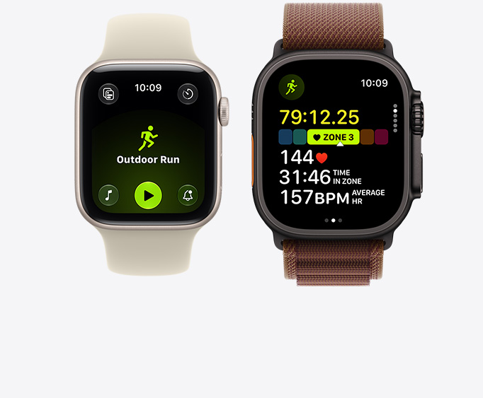 Apple Watch Series 12, aluminium case, light gold colour, Outdoor Run workout open with Apple Music play controls, Apple Watch Ultra 4, titanium case, black colour, Running workout open, heart rate in Zone 3