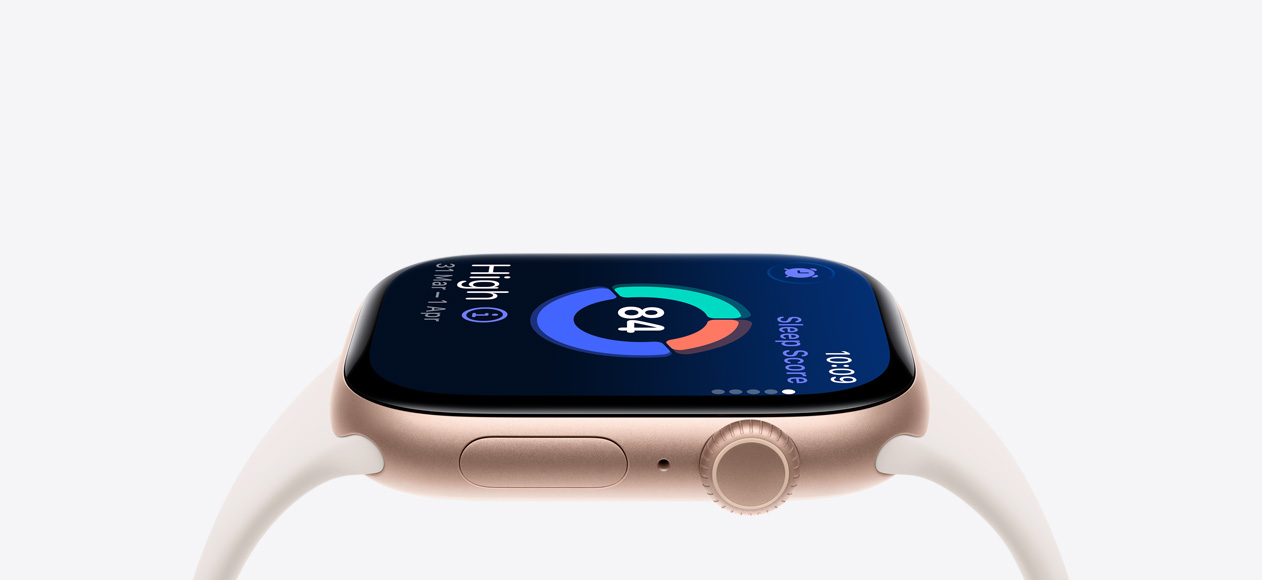 Apple Watch Series 11, rose gold colour, aluminium case, sleep score, right side exterior, Digital Crown, microphone, side button, starlight Sport Band