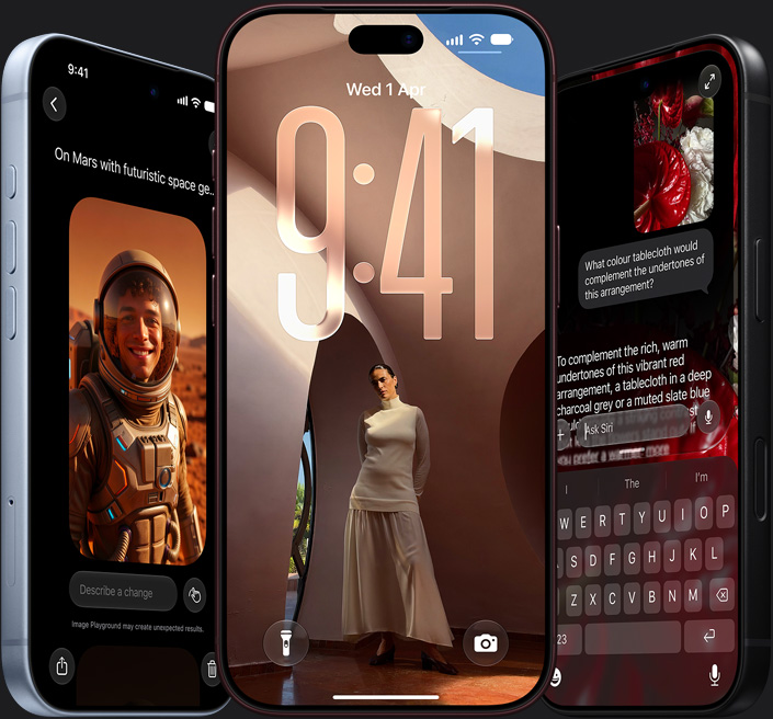 Siri AI — iPhone 18 Pro on the left, back, light silver colour; iPhone 18 Pro in the centre, displaying a keyboard and Siri providing cricket ball information; iPhone 18 Pro Max on the right, black, showing Siri providing a recipe