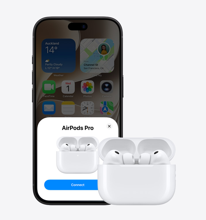 iPhone 18 Pro, front exterior, Apple Music app with Home Screen open, next to AirPods Pro 3 in open MagSafe Charging case