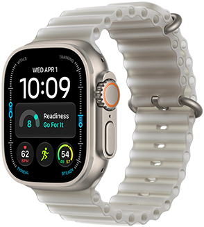 Apple Watch Ultra 4, titanium case, natural color, Modular watch face, complications: day and date, readiness, heart rate, Run workout, Weather, right side exterior, Digital Crown, raised side button, Ocean Band, translucent gray color