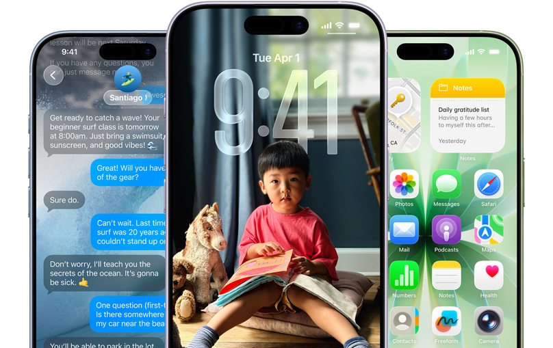 Three iPhone 17 devices. Each displays either a Messages screen, lock screen, or home screen