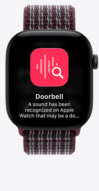 Apple Watch Series 12, aluminum case, black color, pinned conversations screen, Sport Loop band, burgundy plaid color