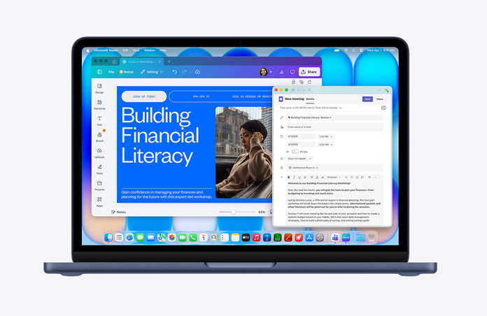 MacBook Neo w kolorze północy wyświetlający stronę internetową pt. „Building Financial Literacy” ze zdjęciem osoby, otwartym szkicem wiadomości e-mail, paskiem menu z różnymi ikonami oraz Dockiem u dołu z ikonami aplikacji