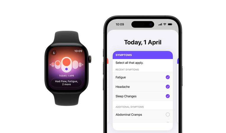 Apple Watch Series 12 z kopertą z tytanu w kolorze naturalnym i paskiem sportowym w kolorze czarnym. Na ekranie apka Śledzenie cyklu z otwartym narzędziem wyboru codziennych objawów na sparowanym iPhonie