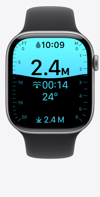 Apple Watch Series 11 z aluminiową kopertą w kolorze różowego złota. Na ekranie apka Głębokość pokazuje zanurzenie na głębokość 8 stóp.