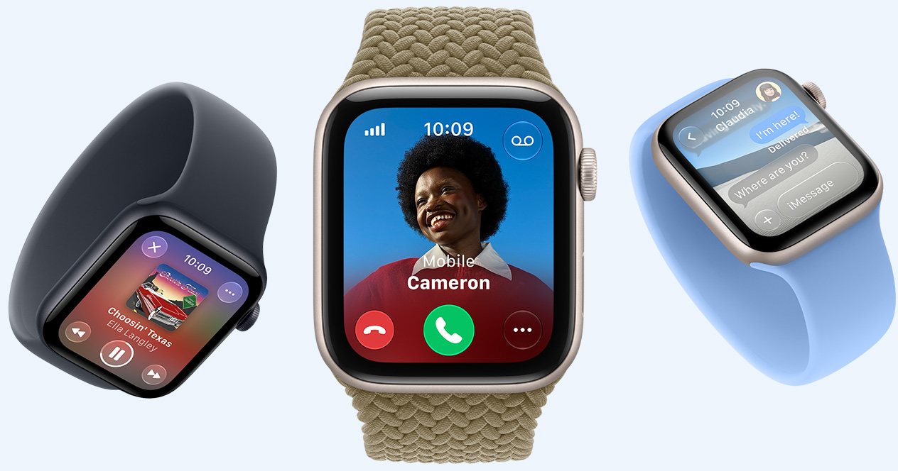 Apple Watch SE 3 devices, aluminium cases, starlight and midnight colours, screens show Apple Music, incoming call, Messages, straps: Solo Loop, navy blue and wildflower blue colours, Braided Solo Loop, olive colour (earthy green)